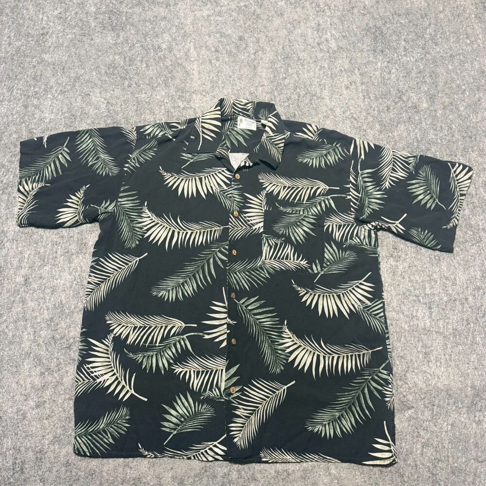 Vintage Silk Circa 1969 Mens Hawaiian Shirt Size XL Black Bamboo Leaf Print